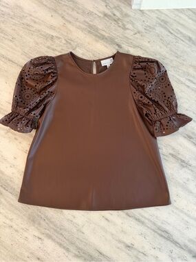 Cartolina Connie Anne Top in Brown Vegan Leather Puff Sleeve Top